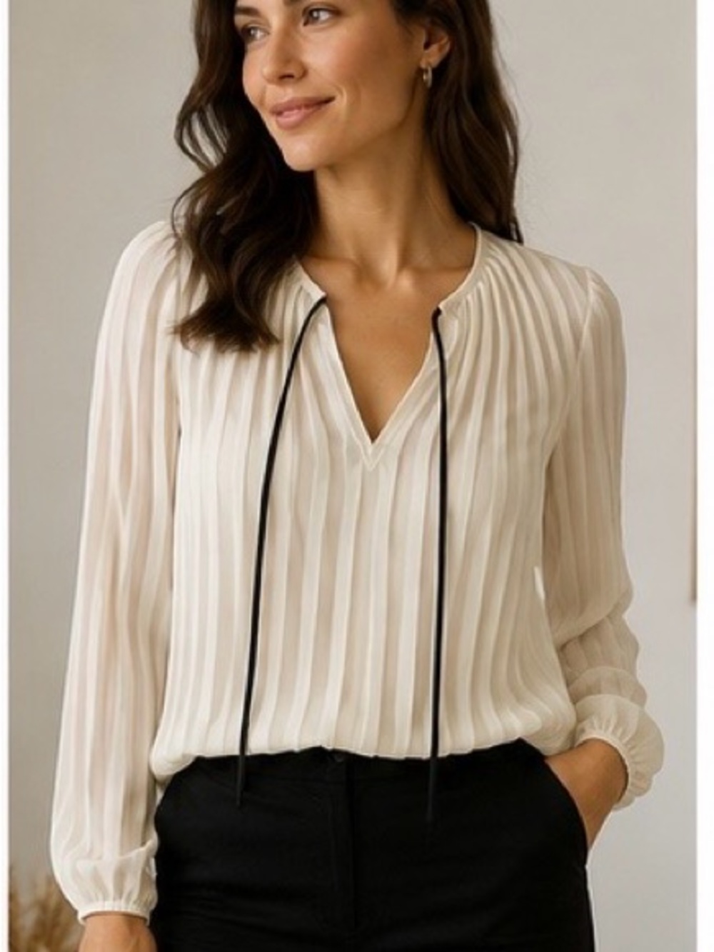 NWOT Express Women's Cream Pleated V-Neck Blouse with Tie